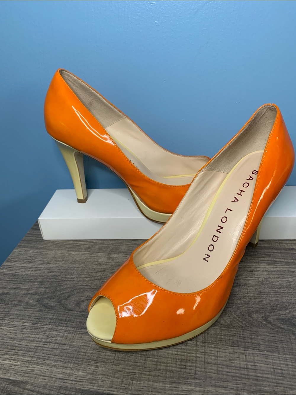 Sacha London Orange Patent Peep-Toe Heels with Cream Accents